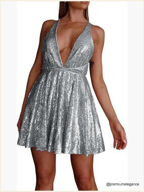 Sequin Spaghetti Strap Deep V Backless Mini Skater Dress Party Club